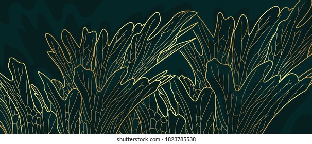 Luxury gold nature background vector. Floral pattern, Golden Tropical lant with line art style  design for wall arts, greeting card, wallpaper and print. Vector illustration.