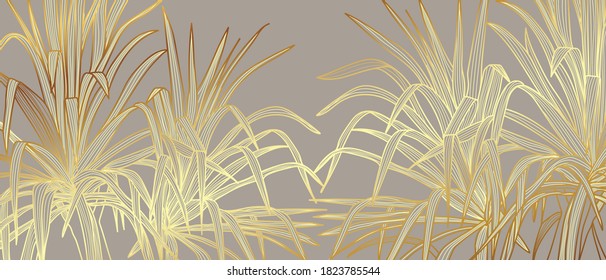 Luxury gold nature background vector. Floral pattern, Golden Tropical lant with line art style  design for wall arts, greeting card, wallpaper and print. Vector illustration.