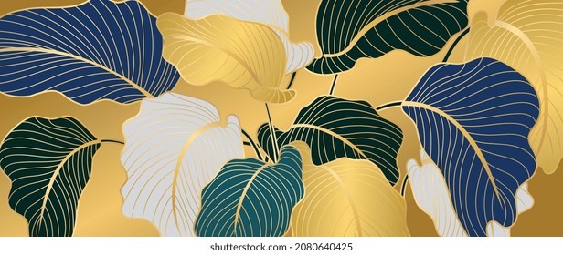 Luxury gold nature background vector. Floral pattern, Golden split-leaf Philodendron plant with monstera plant line arts, Vector illustration.