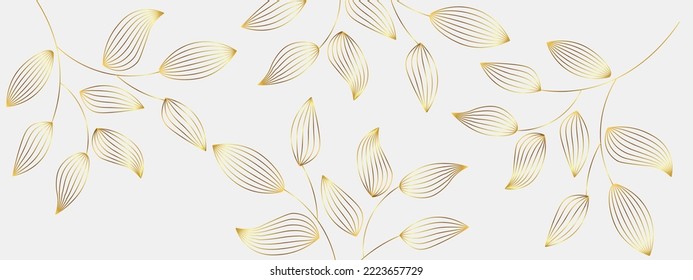Luxury gold nature background vector. Floral pattern, Golden Tropical lant with line art style design for wall arts, greeting card, wallpaper and print.