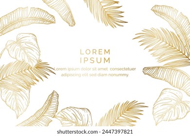 Vector de fondo de naturaleza de oro de lujo. Patrón floral, Planta filodendrada de hoja dividida dorada con líneas de plantas monstruosas, Ilustración vectorial.