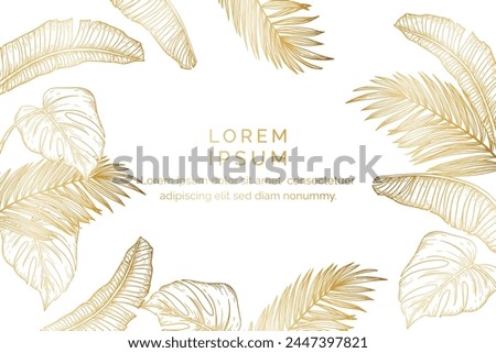 Luxury gold nature background vector. Floral pattern, Golden split-leaf Philodendron plant with monstera plant line arts, Vector illustration.