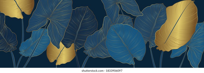 Luxury gold and nature blue background vector. Floral pattern, Golden split-leaf Philodendron plant with monstera plant line arts, Vector illustration.
