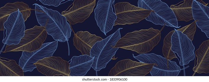 Luxury gold and nature blue background vector. Floral pattern, Golden split-leaf Philodendron plant with monstera plant line arts, Vector illustration.