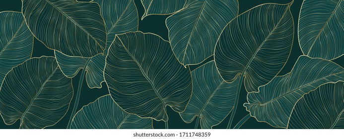 Lüks altın ve doğa yeşil arka plan vektörü. Çiçek desen, monstera bitki çizgi sanatları ile Altın bölünmüş yaprak Philodendron bitki, Vektör illüstrasyon.