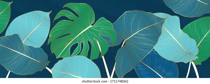 Luxury gold and nature green background vector. Floral pattern, Golden split-leaf Philodendron plant with monstera plant line arts, Vector illustration.