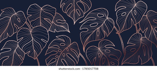 Luxury gold and nature green background vector. Floral pattern, Golden split-leaf Philodendron plant with monstera plant line arts, Vector illustration.