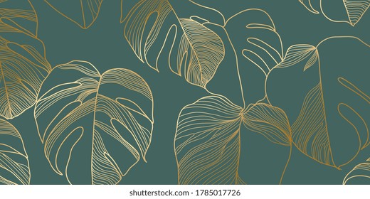 Vetor de fundo verde de ouro e natureza de luxo. Padrão floral, planta Philodendron de folha dividida dourada com artes de linha de planta monstera, ilustração vetorial.