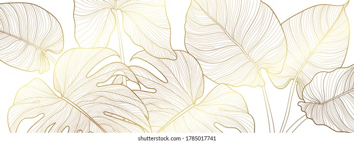 Luxury gold and nature green background vector. Floral pattern, Golden split-leaf Philodendron plant with monstera plant line arts, Vector illustration.