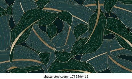 Luxury gold and nature green background vector. Floral pattern, Calathea lutea,Tropical foliage,Exotic tropical leaf, Calathea leaf  line arts, Vector illustration.