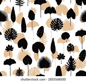 Luxury gold and nature green background vector. Floral pattern, pop art  split-leaf autumn  plants with monstera plant line arts, Vector illustration.