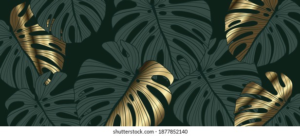 Luxury gold and nature green background vector. Floral pattern, Golden split-leaf Philodendron plant with monstera plant line arts, Vector illustration.