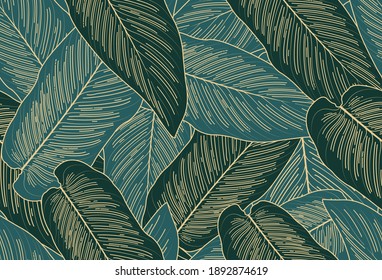 Luxury gold and nature green background vector. leaves pattern, Golden split-leaf Philodendron plant with plant line arts, Nature seamless pattern