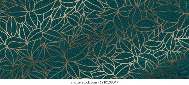Luxury gold and nature green background vector. Floral pattern, Golden house plant with leaves line arts, Vector illustration.