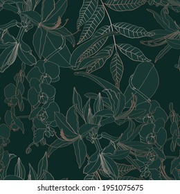 Luxury gold and nature green background. Floral pattern, many kind of Golden plant with, line arts, Green illustration.