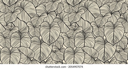 Luxury gold and nature green background vector. Floral pattern, Golden split-leaf Philodendron plant with monstera plant line arts, Vector illustration.
