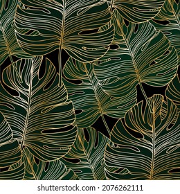 Luxury gold and nature green background vector. Floral pattern, Golden split-leaf Philodendron plant with monstera plant line arts, Vector illustration.