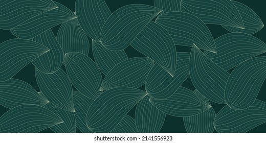Luxury gold and nature green background vector. Floral pattern, Golden split-leaf Philodendron plant with monstera plant line arts,