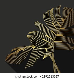 Luxury Gold And Nature Green Background Vector. Philodendron Plant With Monstera Plant Line Arts, Vector Illustration.