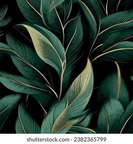 Luxury gold and nature green background vector. Floral pattern, Golden split-leaf plant with plant line arts, Vector illustration.