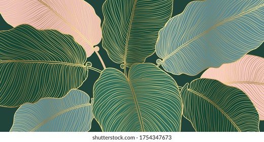 Luxury gold and nature line art ink drawing background vector. Leaves and Floral pattern  vector illustration.