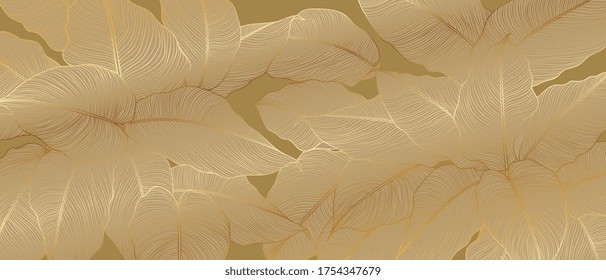 Luxury gold and nature line art ink drawing background vector. Leaves and Floral pattern  vector illustration.