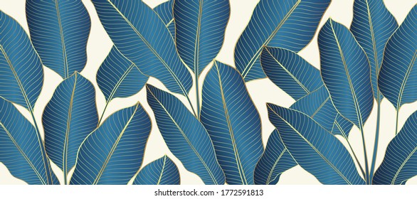 Luxury gold and nature line art ink drawing background vector. Botanical leaves, Canna leaves, banana leaf, and Floral pattern  vector illustration.