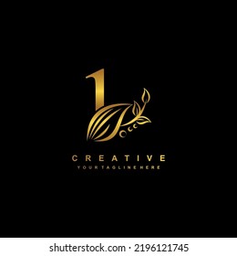 Luxury gold number 1 design template with beautiful floral or feather ornaments. logo number 1 linked beauty flourish. typography 1, monogram number 1