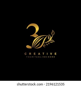 Luxury gold number 3 design template with beautiful floral or feather ornaments. logo number 3 linked beauty flourish. typography 3, monogram number 3