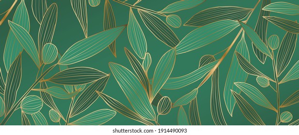 luxury gold Olive leaf background vector. Green and golden filter line arts design pattern for wallpaper, prints, canvas prints and home decoration.
