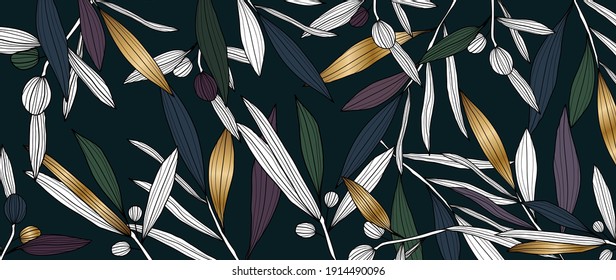 luxury gold Olive leaf background vector. Green and golden filter line arts design pattern for wallpaper, prints, canvas prints and home decoration.