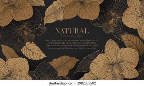Luxury gold orchid on dark background. background with line arts flowers and leaves surrounded by in a minimalist style. Template of greeting card or invitation, prints. Vector illustration