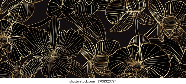 Luxury gold orchids floral line arts pattern and black background. Topical flower wallpaper design, Fabric, surface design. Vector illustration.