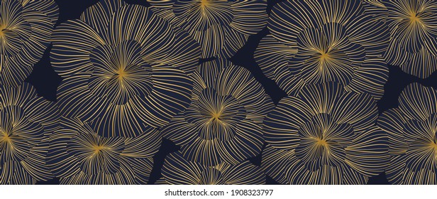 Luxury gold orchids floral line arts pattern and black background. Topical flower wallpaper design, Fabric, surface design. Vector illustration.
