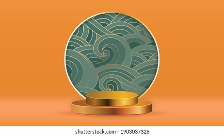 Luxury gold oriental art design with 3d cylinder podium background vector. Abstract minimal scene with gold botanical pattern for cosmetic product display, Stage pedestal for online shopping ad.