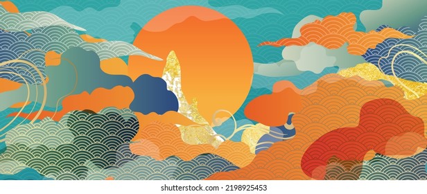 Vector de fondo oriental de oro de lujo. Arte oriental chino y japonés con montañas, colinas, nubes, viento, sol, patrón japonés. Elegante diseño paisajístico para el arte de la pared, papel pintado.