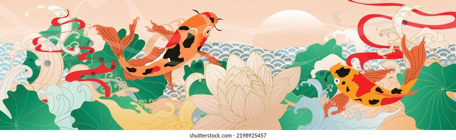 Vector de fondo oriental de oro de lujo. Arte oriental chino y japonés con carpas koi, flor de loto, hojas, olas de mar, sol. Elegante diseño paisajístico para el arte de la pared, tela, cubierta.