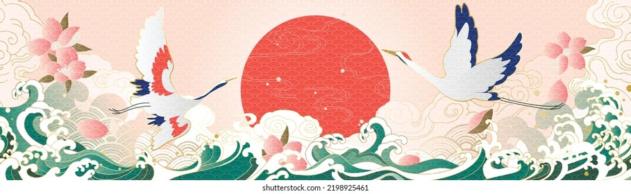 Vector de fondo oriental de oro de lujo. Línea de arte oriental china y japonesa con olas de mar, flores, grúas, sol, estampado japonés. Elegante diseño paisajístico para el arte de la pared, papel pintado.