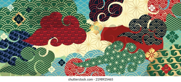 Luxury gold oriental background vector. Chinese and Japanese oriental line art with cloud, flowers, wind, sky, Japanese pattern. Elegant landscape illustration design for wall art, wallpaper.