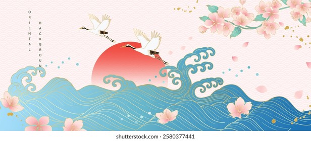 Luxury gold oriental background vector. Chinese and Japanese wallpaper pattern design of elegant crane birds and sea wave with gold line texture. Design illustration for decoration, wall decor.