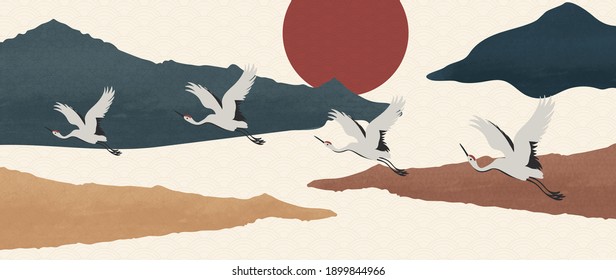 Luxury gold oriental style background vector. Mountain landscape wallpaper. Japanese , Chinese oriental line art with golden texture, Swan bird and sun. Natural Wall arts for print and home decor.
