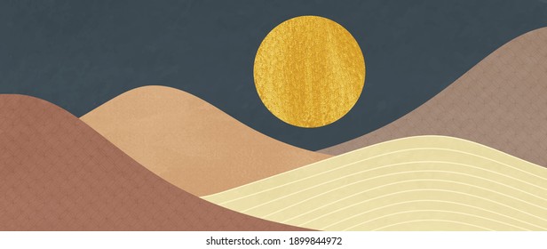 Luxury gold oriental style background vector. Mountain landscape wallpaper. Japanese , Chinese oriental line art with golden texture, Swan bird and sun. Natural Wall arts for print and home decor.