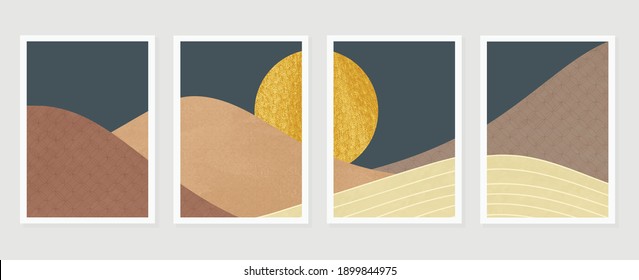 Vector de fondo de estilo oriental dorado de lujo. Papel pintado del paisaje montañoso. arte japonés, chino oriental con textura dorada, cisne y sol. Las artes murales naturales para la impresión y la decoración doméstica.