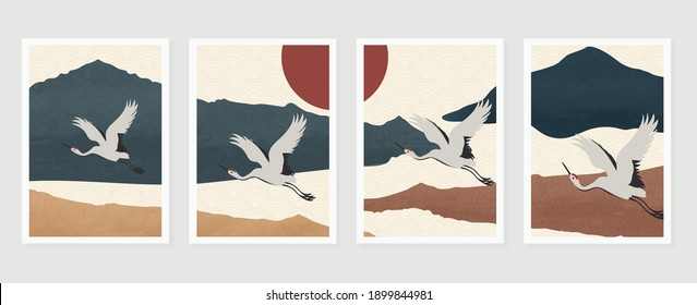 Luxury gold oriental style background vector. Mountain landscape wallpaper. Japanese , Chinese oriental line art with golden texture, Swan bird and sun. Natural Wall arts for print and home decor.