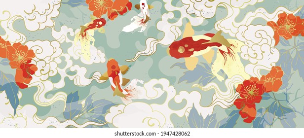 Luxury gold oriental style background vector. Chinese and Japanese oriental line art with golden texture. Wallpaper design with flower and koi carp fish. Ocean and wave wall art. Vector illustration. - Shutterstock ID 1947428062