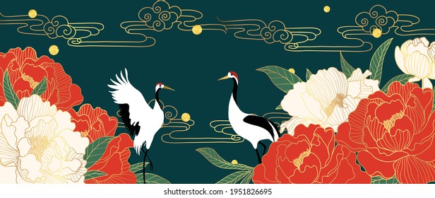 Luxury gold oriental style background vector. Japanese , Chinese oriental line art with red flower and golden texture, Swan bird and sun. Natural Wall arts for print and home decor.