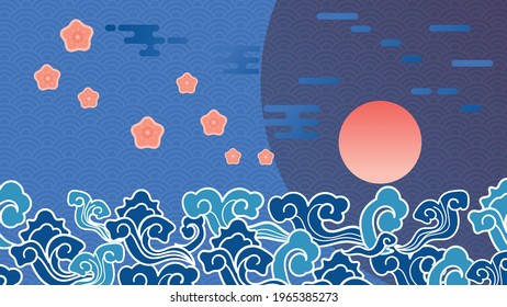 Luxury gold oriental style background vector. Chinese and Japanese oriental line art with golden texture. Cloud, Ocean and wave wall art. Vector illustration.