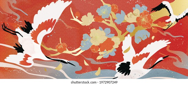 Luxury gold oriental style background vector. Chinese and Japanese oriental line art with golden texture. Wallpaper design with Cherry blossoms flower and Flamingo. Ocean and wave wall art.