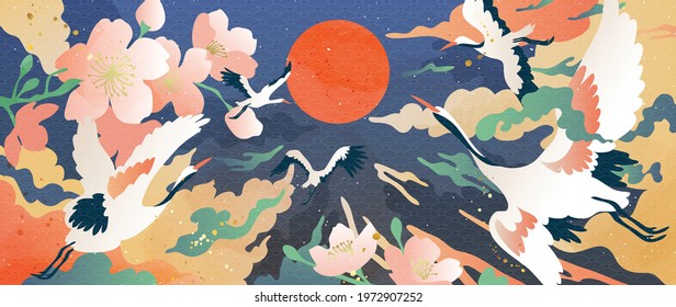 Luxury gold oriental style background vector. Chinese and Japanese oriental line art with golden texture. Wallpaper design with Cherry blossoms flower and Flamingo. Ocean and wave wall art.