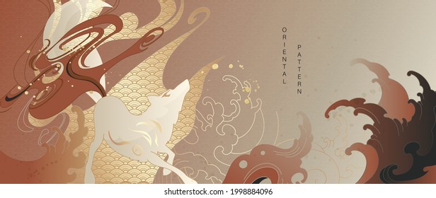 Luxury gold oriental style background vector. Chinese and Japanese oriental line art with golden texture. Wallpaper design with Fire wolf and ocean wave background.